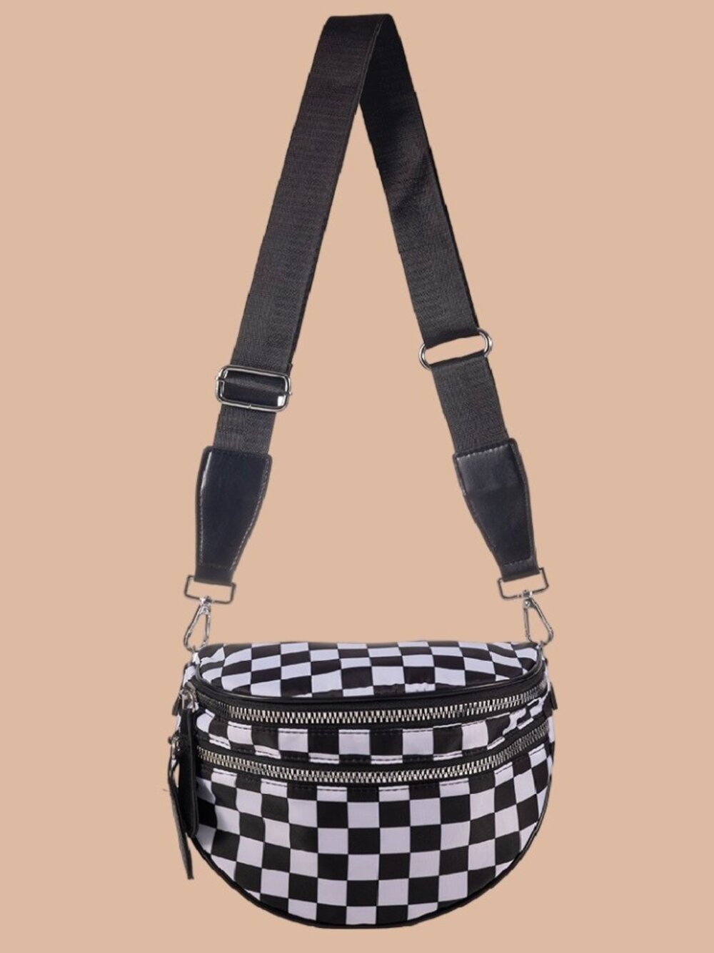 Black & White Checkered Double Zip‎ Sling Crossbody Bag New in Original Package